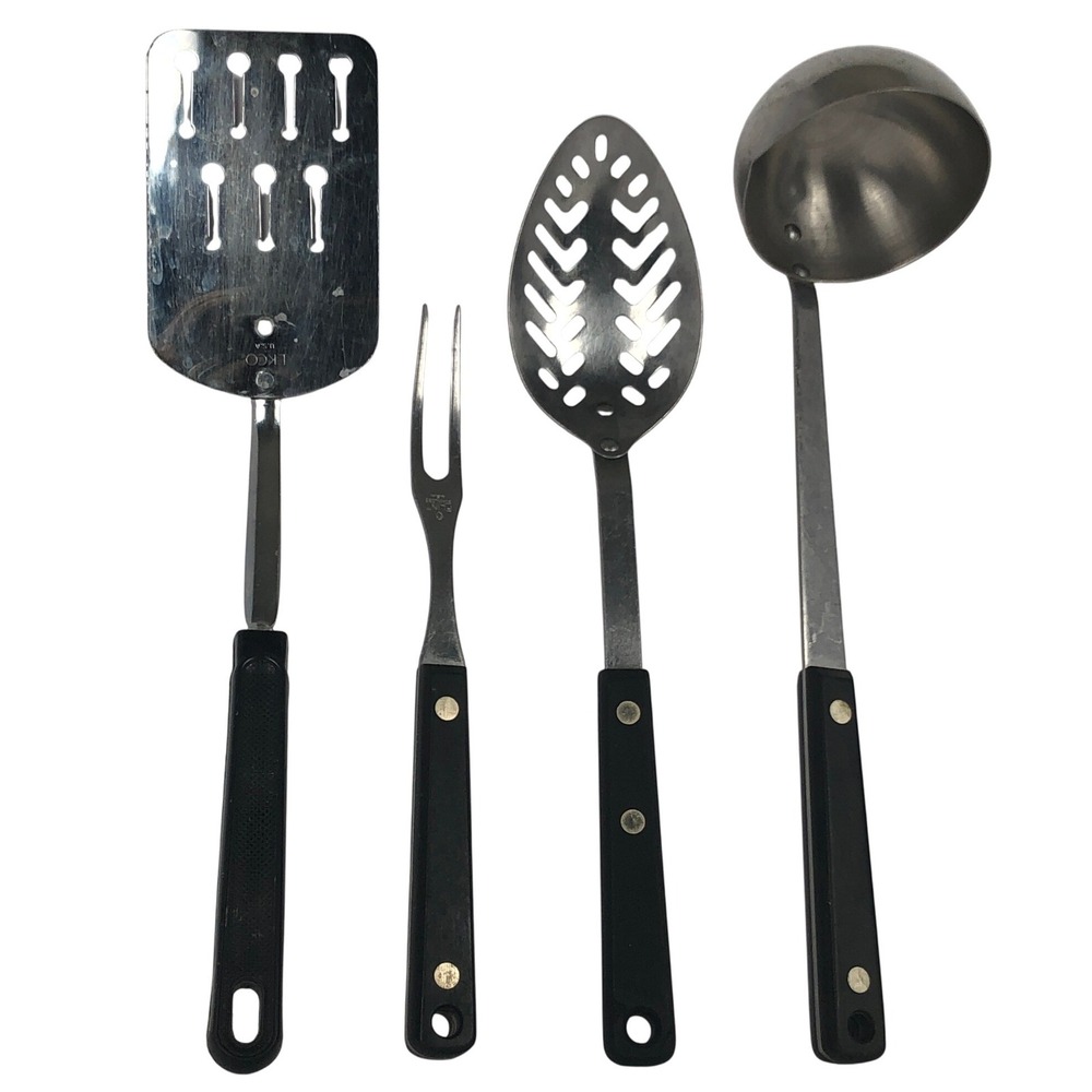 VTG EKCO FLINT Stainless Kitchen Utensils 4 pc Spatula Fork Spoon Ladle USA